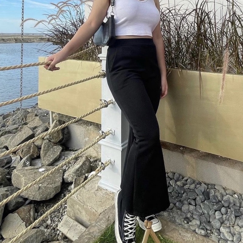 Black flared y2k pants / as.if.yourcloset / white brown flare leggings cutbray bell bottoms