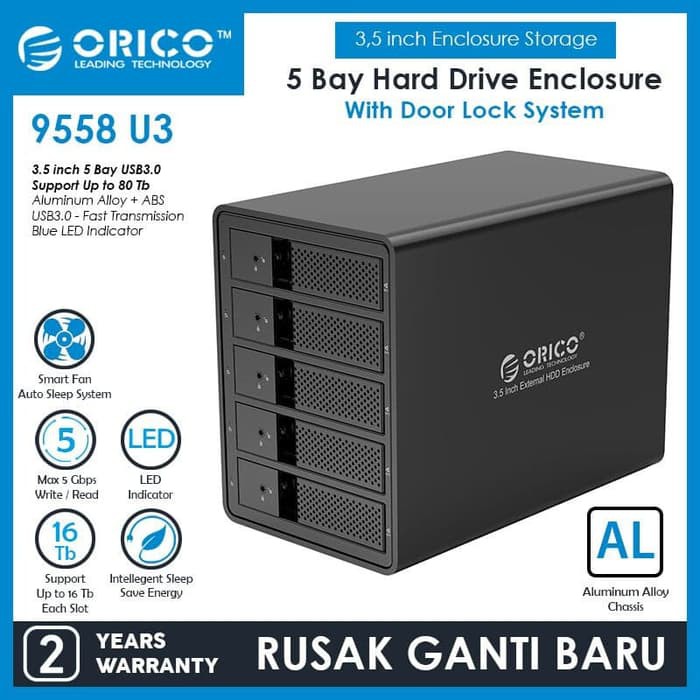 Case hdd enclosure orico 3.5 sata 5 bay usb 3.0 5Gbps 9558U3 - Casing Hard disk drive external