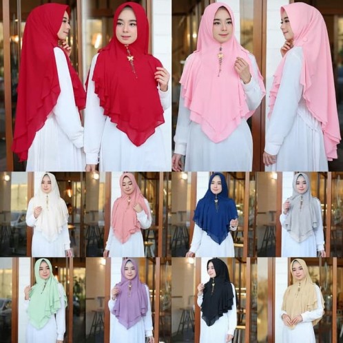 Hijab Syari Jumbo Ceruty 2 layer Terbaru Khimar Button Rempel Tumpuk Premium Kerudung Murah Terlaris