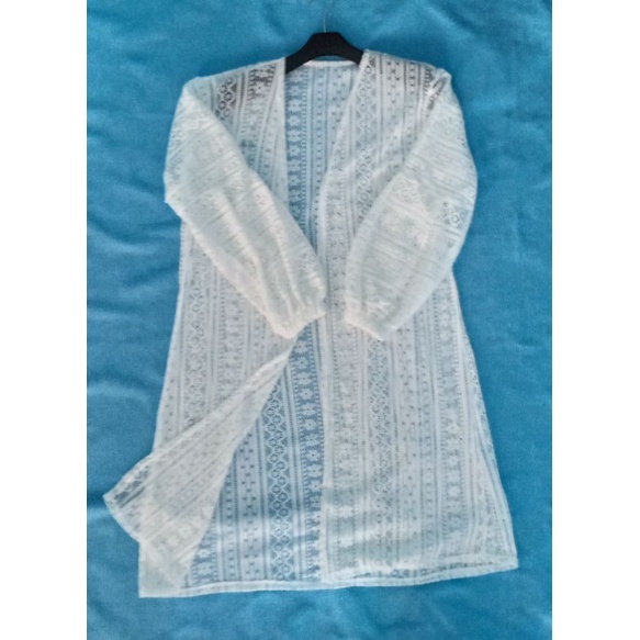 Cardigan Brokat Lengan Balon/Kardigan Burkat/Kardi Brukat/Outer Long Cardi-Putih