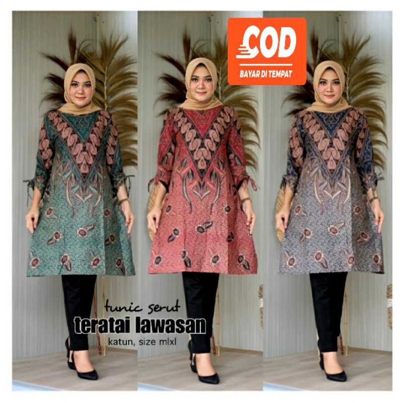 Batik tunik teratai lengan serut baju wanita tunik batik printing kain katun terlaris ukuran