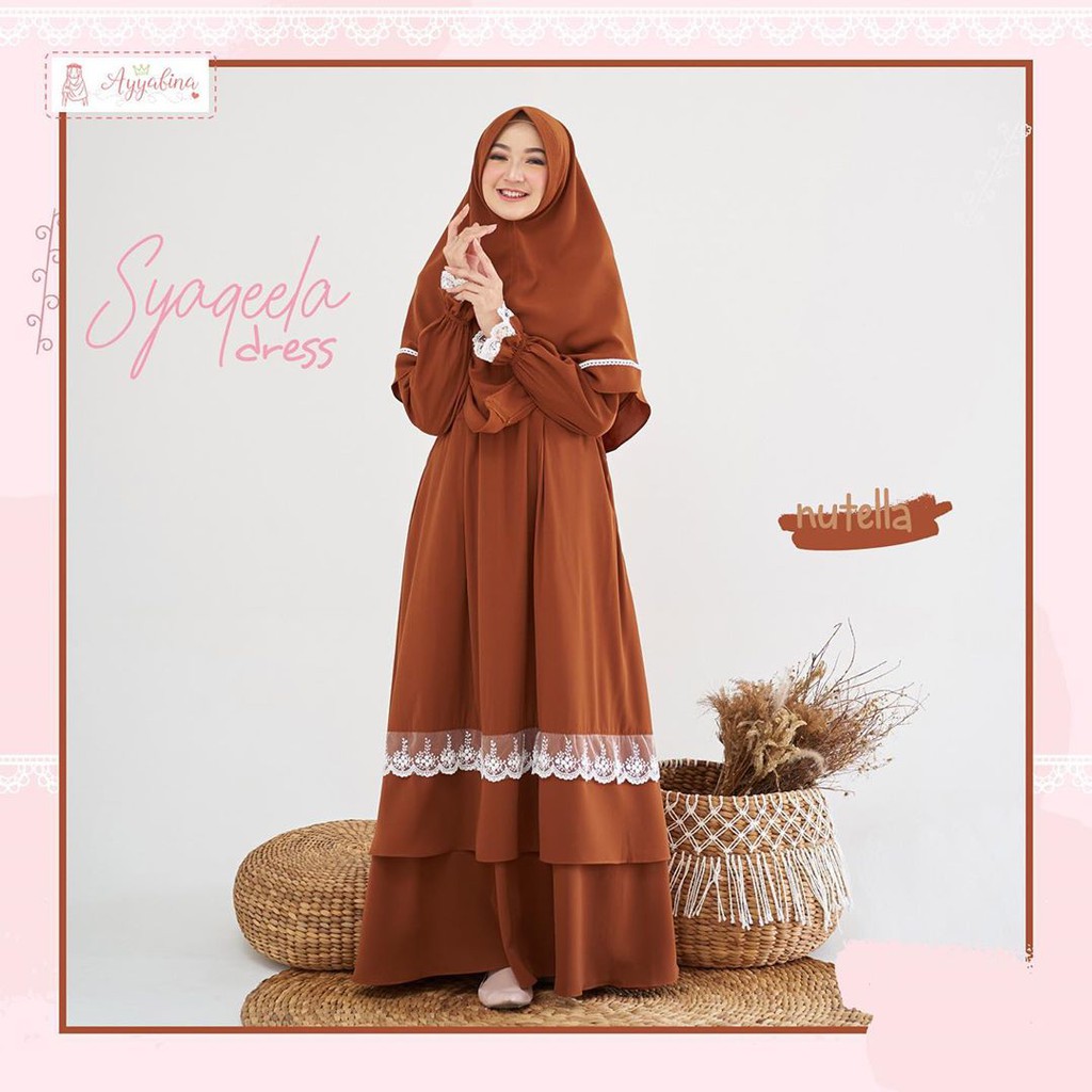 Syaqeela Dress Set Gamis Syari Muslim Wanita Moscrepe kekinian variasi Renda Murah Terbaru busui
