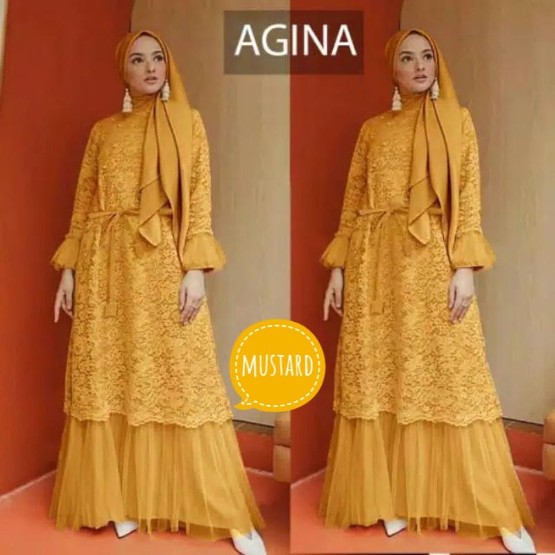 BJ - Maxi Dress Agina Bahan Brukat Kombi Tile - Gamis Wanita Pesta Kondangan Maxi Muslimah