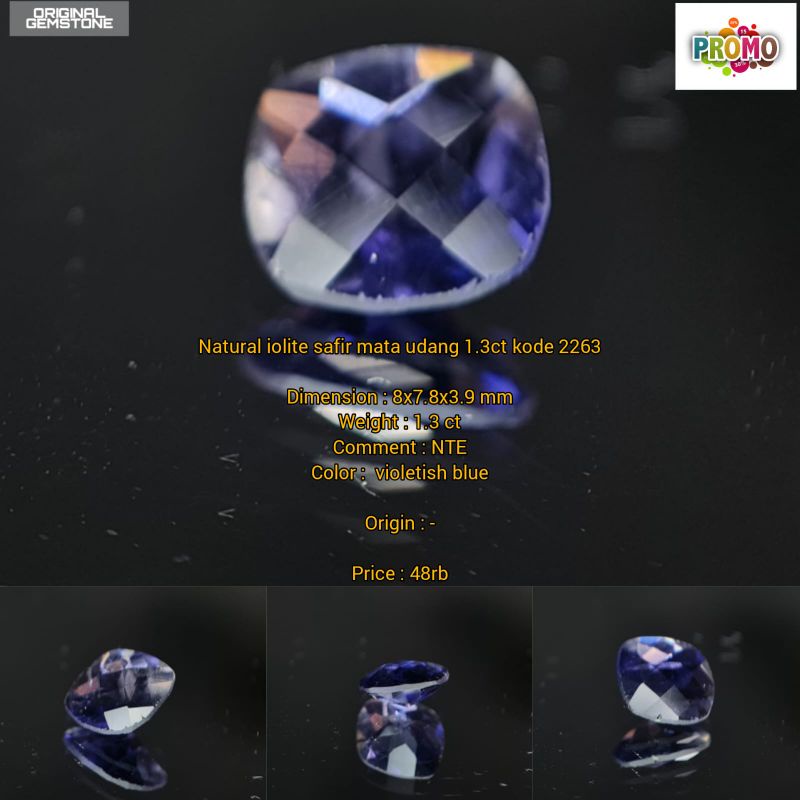 Natural iolite safir mata udang 1.3ct kode 2263