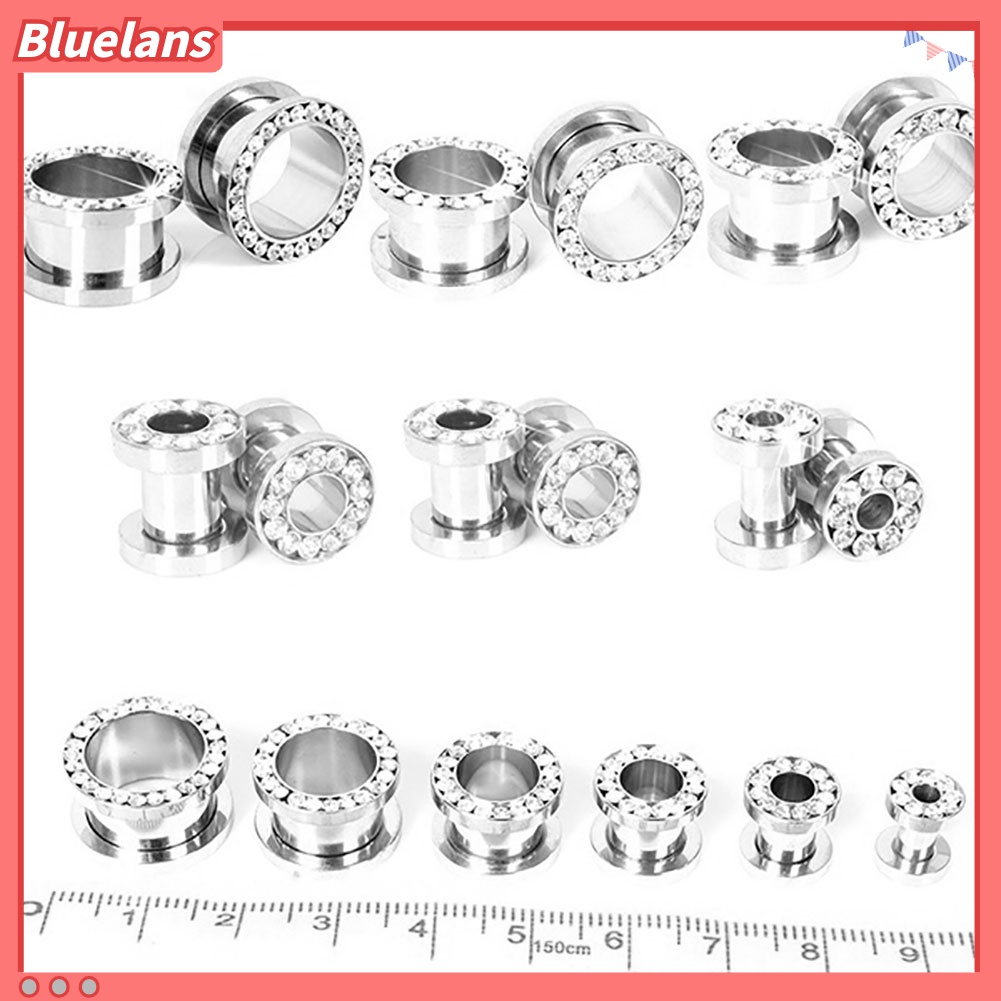Bluelans 1 Pasang Ear Plug Tunnels Bahan Stainless Steel Aksen Berlian Imitasi