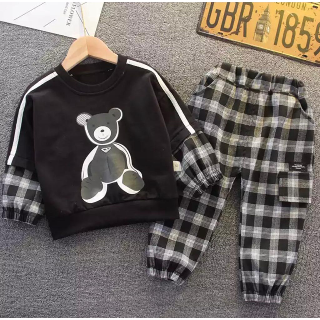 promo free ongkir setelan baju anak terbaru bayi anak motif bear panda kotak kotak size 1-5 tahun bahan katun lembut/ setelan baju anak terbaru bayi anak laki laki/ setelan baju anak terbaru bayi anak perempuan/ setelan baju anak terbaru bayi anak cowo