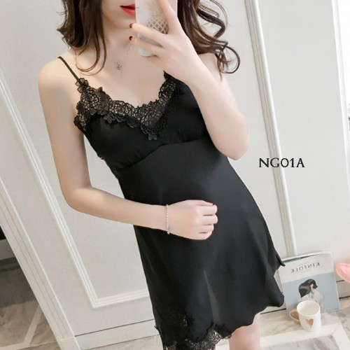 [BISA COD] HOME DRESS BAJU TIDUR SEXY NIGHT GOWN SATIN HITAM NG01A