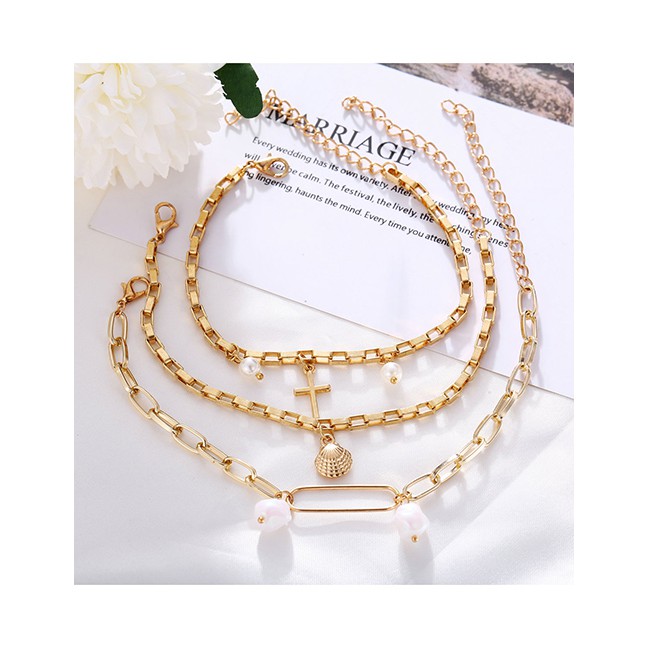 LRC Gelang Kaki Fashion Cross Metal Scallop Pearl Bracelet 3 Piece Set D09730