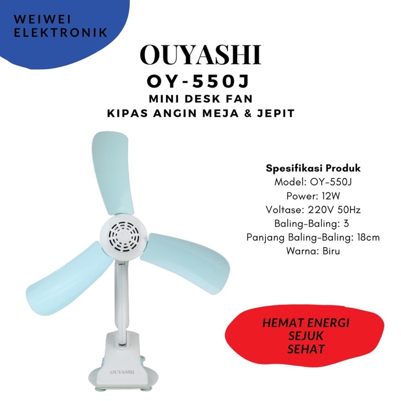 Kipas angin meja dan jepit Ouyashi OY-320J Warna biru (real pic)