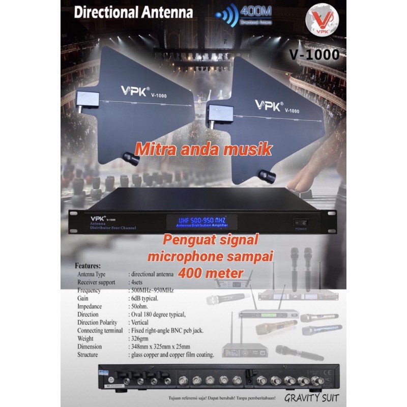 Penguat signal microphone wireless uhf directional antenna vpk v1000