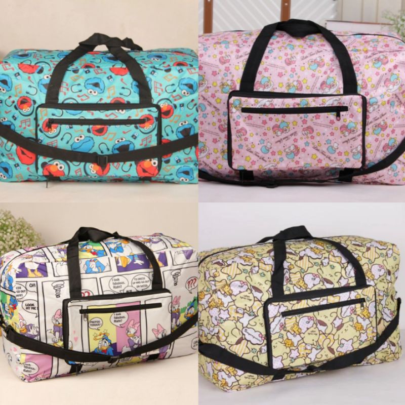 Travel bag tas lipat tas atas koper motif Mickey Stitch Donald Snoopy Sinchan