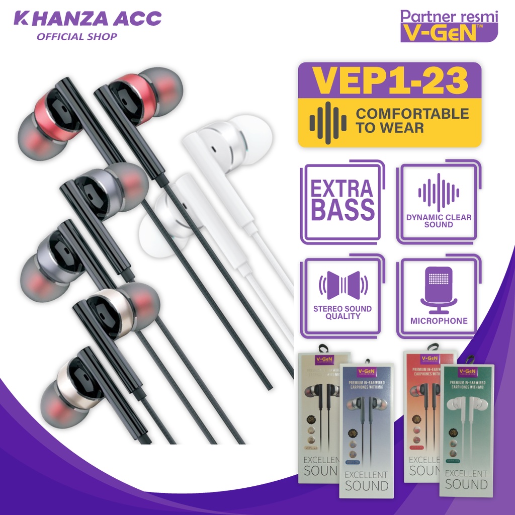 KHANZAACC Earphone VGEN VEP1-23 Premium In-Ear Wired Headset With Mic Excellent Sound Original