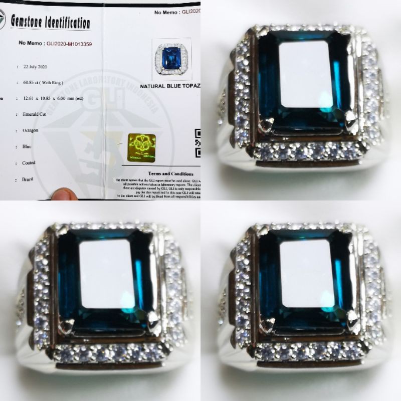 batu permata cincin blue topaz london octagon plus sertifikat gli lab