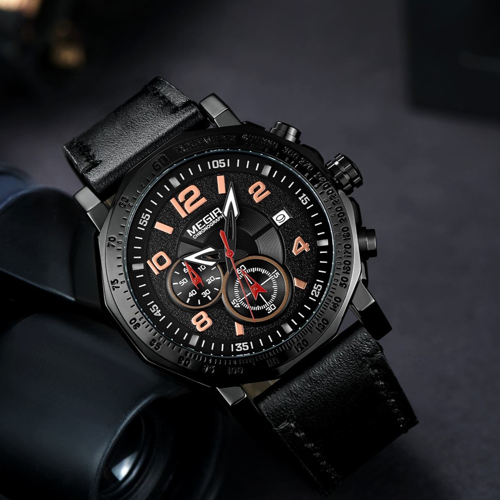 MEGIR 2048 Jam Tangan Pria Analog Chronograph Tali Kulit WATCHKITE WKOS