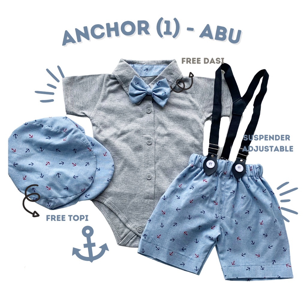 setelan jumper celana suspender anchor polkadot SUSPENDER JUMPER SET 0-18 bulan 1 tahun newborn romper bayi anak cowok fashion balita laki