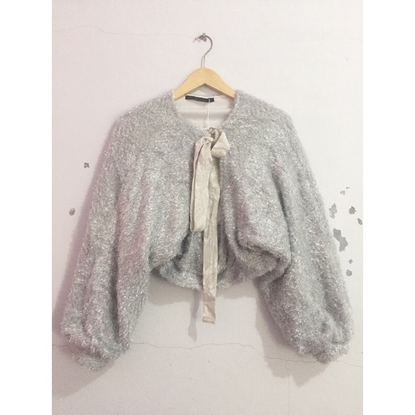 ZARA CARDIGAN BULU GLITTER OUTER CROP TANGAN BALON KOREA ORIGINAL