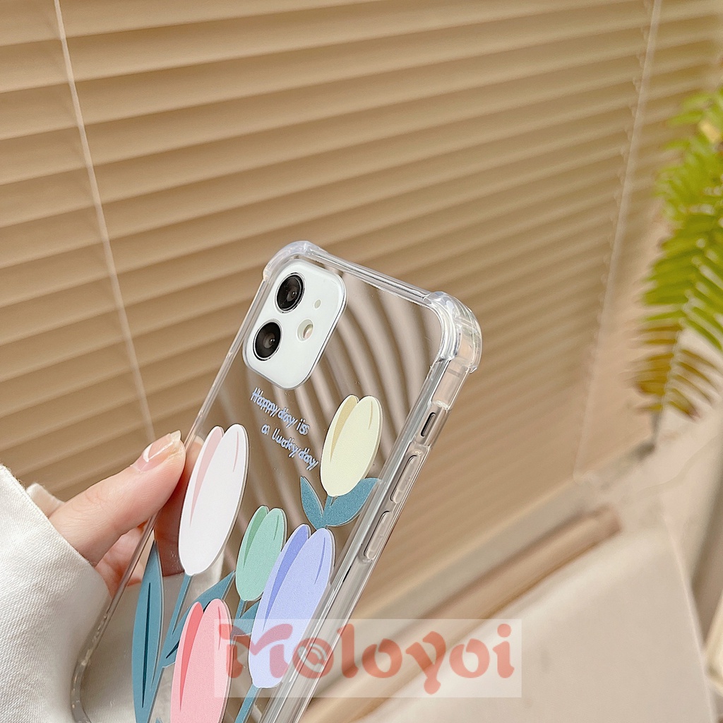 Soft Case Tpu Motif Bunga Tulip Dengan Cermin Untuk IPhone 11 Pro Max 7 8 13 11 12 Pro Max 7 Plus 8 Plus X XS Max XR SE 2020