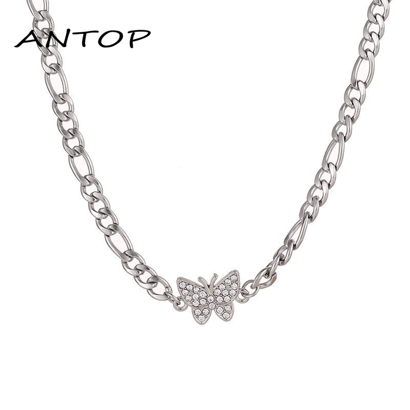 Kalung Choker Rantai Silver Tebal Desain Kupu-Kupu Hias Berlian Gaya Retro Korea Untuk Wanita ANTOP