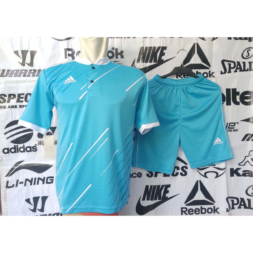 Setelan Jersey Futsal, Sepak Bola & Voly Adidas Zimba Biru List Putih Kancing Kerah Sanghai Grosir