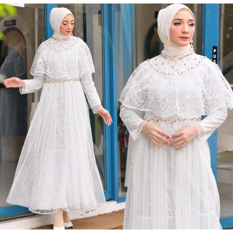 Gamis Modern Brokat Tulle Model Sabrina - Gamis Pesta, Bahan Tulle Bordir Mix Tutu
