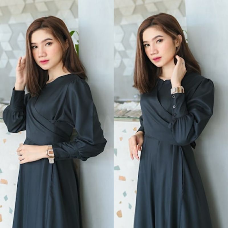 Raya dress korean style premium wedding dress party muslimah jumbo dress wanita muslim busui terbaru maxi dress kondangan brukat murah dress gamis ootd hijab kekinian gamis brukat jumbo gamis busui bumil polos terbaru gamis keluarga seragam couple-Hitam