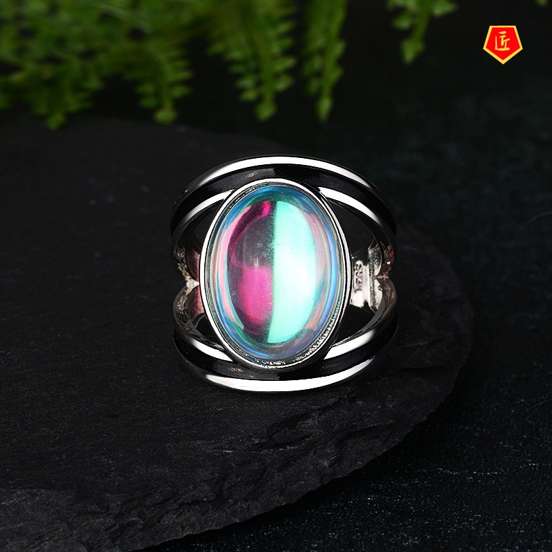 [Ready Stock]Women's Inlaid Colorful Moonstone Ring Retro