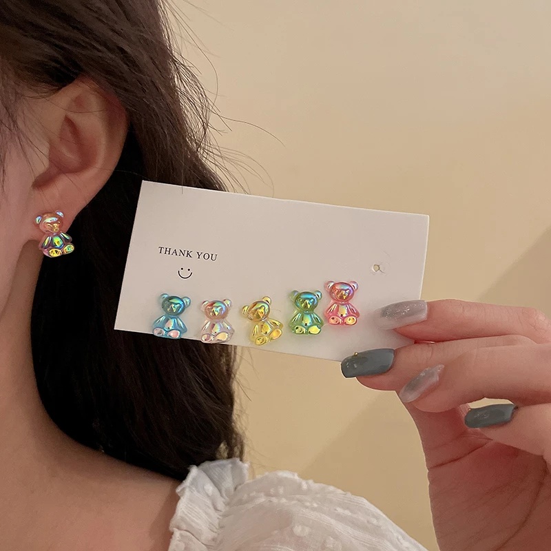 Anting Stud Desain Teddy Bear Warna Permen Gaya Korea Untuk Wanita