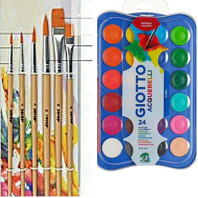 

è^ PAKET KOMPLIT CAT AIR UTK ANAK 24 WARNA DAN 6 UKURAN KUAS WATERCOLOR