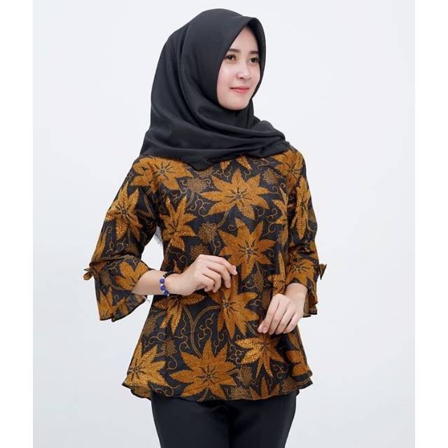  Baju  Batik Atasan Wanita  Lokal  Coklat Hitam Lengan Lonceng 