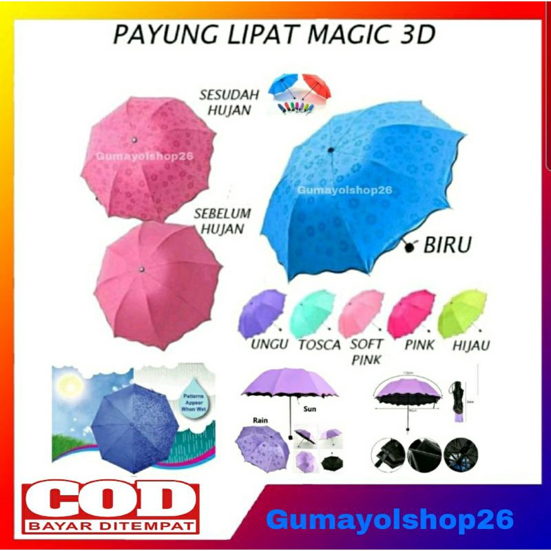 TERMURAH  !!! Payung Magic 3D - Payung Lipat Lapisan Hitam - Payung Magic Lipat Viral