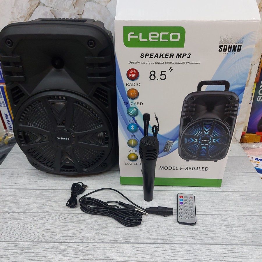 COD SPEAKER BLUETOOTH 8'5 INCH FLECO F-8604 LED  PLUS MIC KARAOKE X-BASS//SPEAKER FLECO X-BASS//SPEAKER KARAOKE//SPEAKER WIRELESS