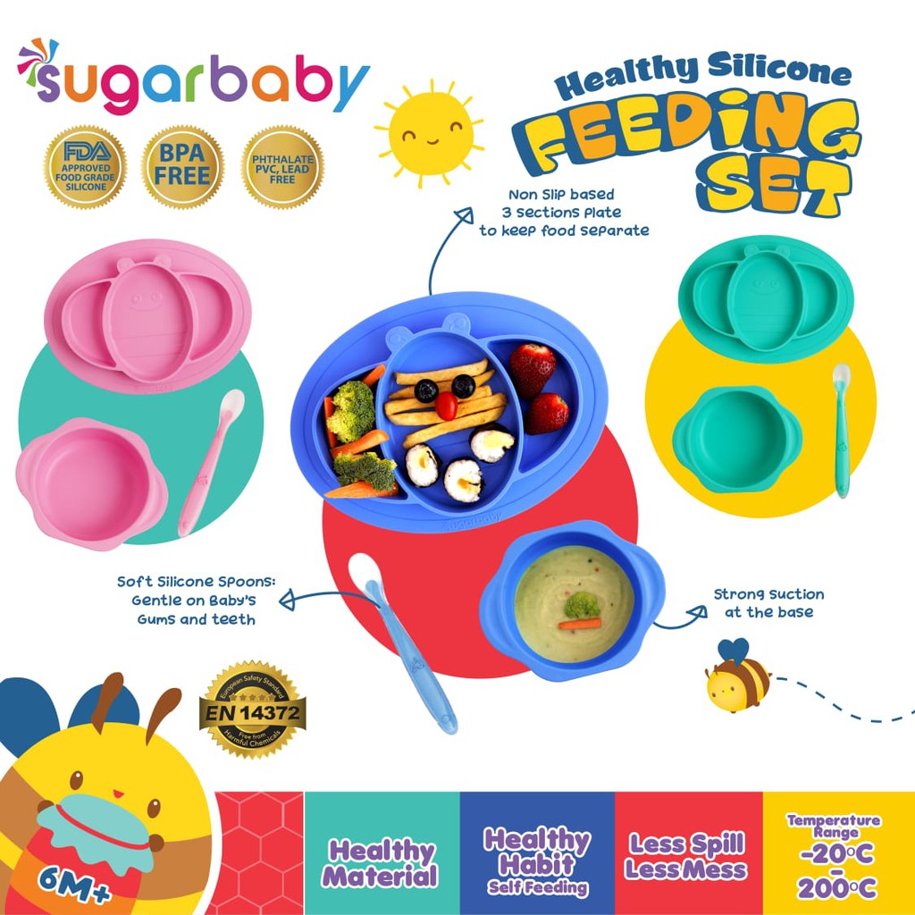 Sugar Baby Healthy Silicone Feeding Set - Mangkok + Piring + Sendok Silikon (Isi 3)