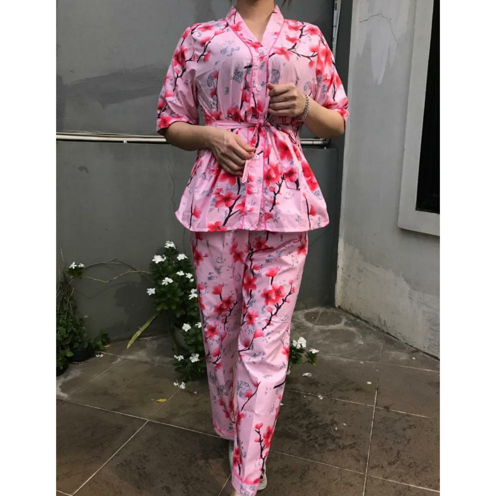 JNV Setelan Kimono CP Wanita Motif Karakter Kartun - Baju Tidur Kimono Lengan Pendek - Bahan Katun-Sakura Merah