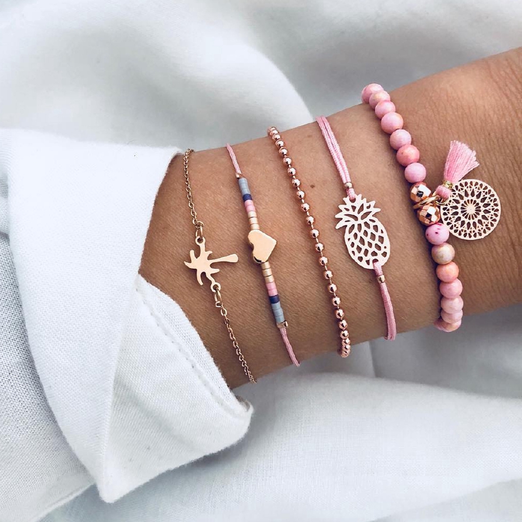 5Pcs / Set Gelang Tangan Manik-manik Motif Nanas Warna