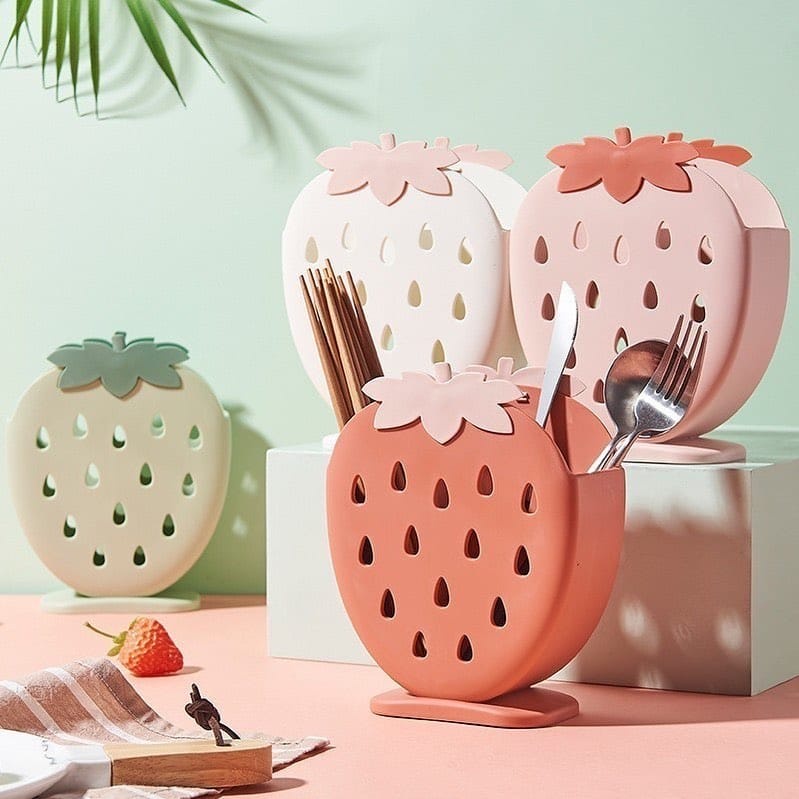 Tempat Sendok Garpu Sumpit Strawberry Rak Tirisan Cuci Serbaguna Dapur