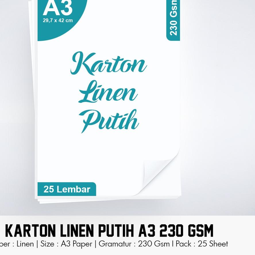 

Karton Linen Putih A3 / 230 gsm / 1 pack = 25 lbr ,.