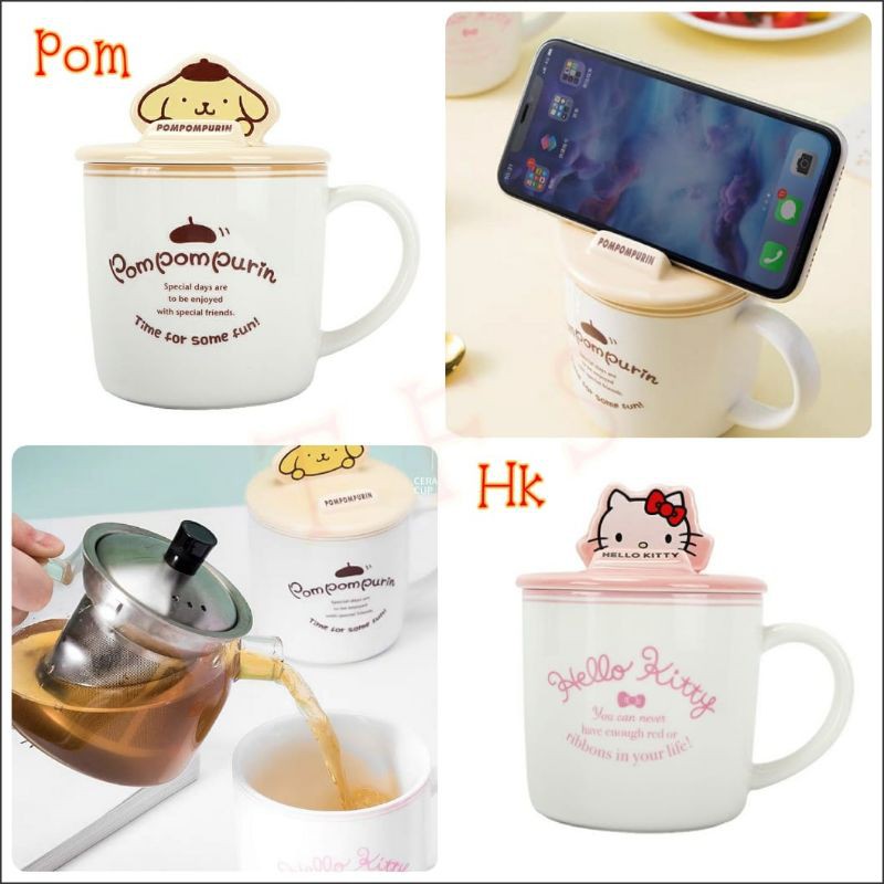 Gelas keramik tutup bisa jadi senderan hp Pompompurin Hello Kitty