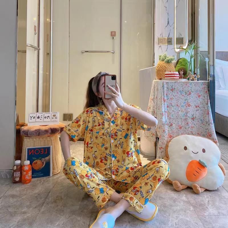 Baju tidur wanita / Piyama Cp baju tidur wanita krah pendek import kotak freesize-Cp.k POOH KUNING