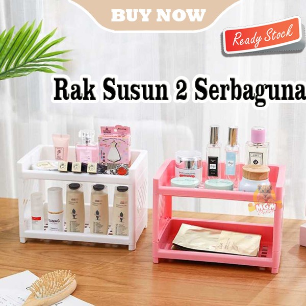 Rak serbaguna susun 2 plastik dapur kosmetik make up kantor 23x15cm