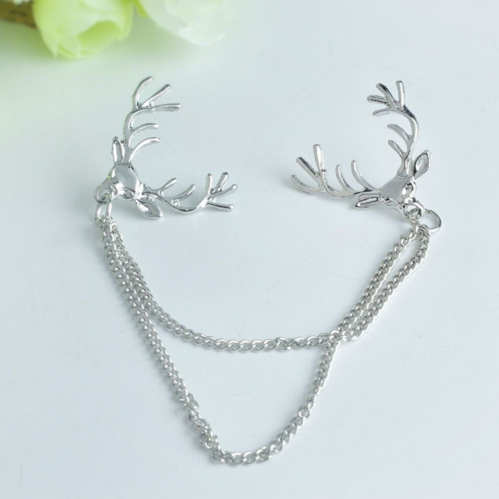 Needway  Fashion Jewelry Accessory Elk Gold Deer Brooch Gift Sliver Reindeer Shirt Collar Double Chain Antlers/Multicolor