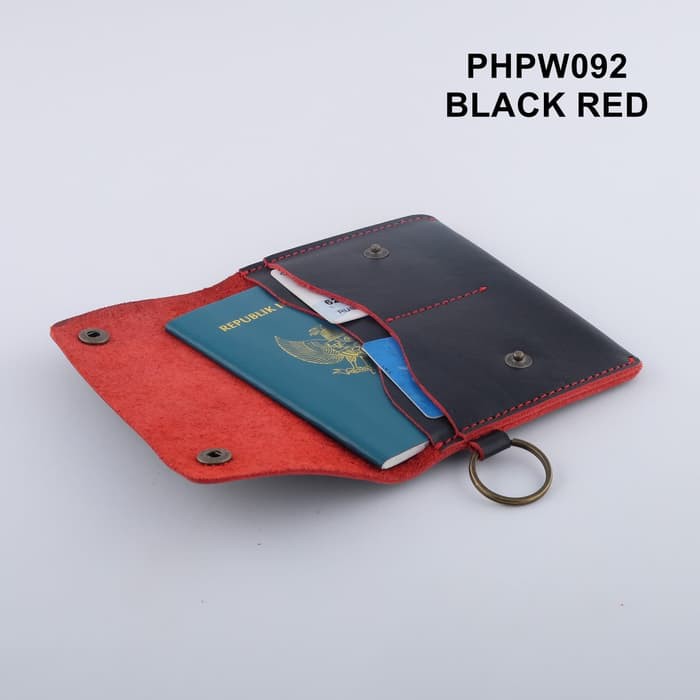 Dompet Passport model gantung kulit sapi asli hitam merah - PHPW092