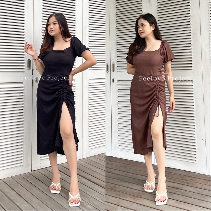 Melinda Dress Serut Belahan Paha | Dress Belahan Samping