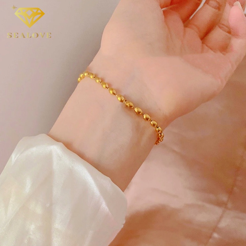 SEALOVE Gelang Titanium simple Manik Emas 18K Cantik Anti Karat dan anti luntur Perhiasan Aksesoris Wanita