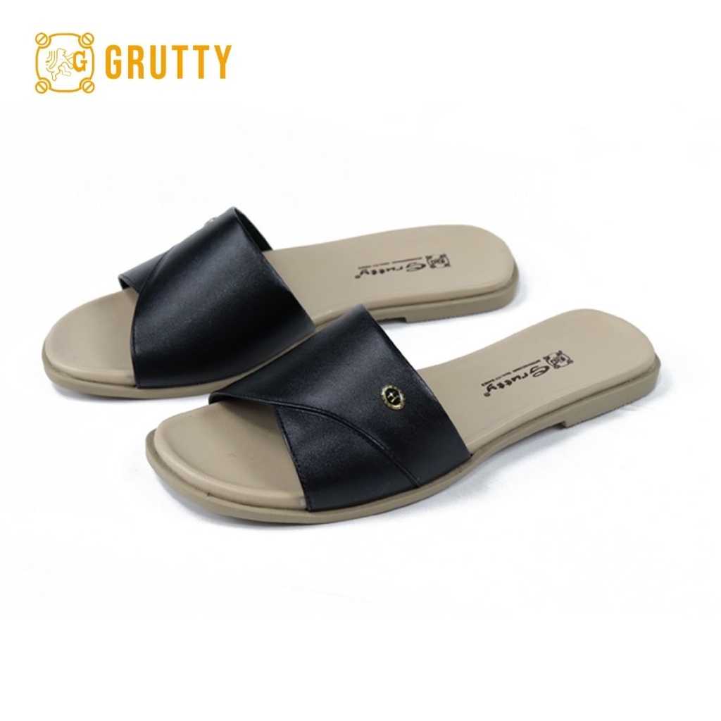 Sandal Wanita Flat Kulit Asli Slide Sandal Teplek Grutty DD120 Hitam