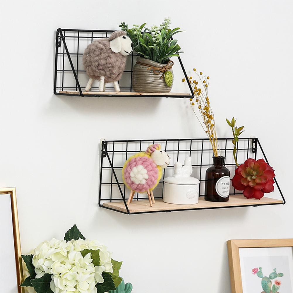 Wooden Iron Wall Shelf Organizer Storage Rack Wall Mounted Kitchen Rack Space Saving Decorative Shopee Indonesia