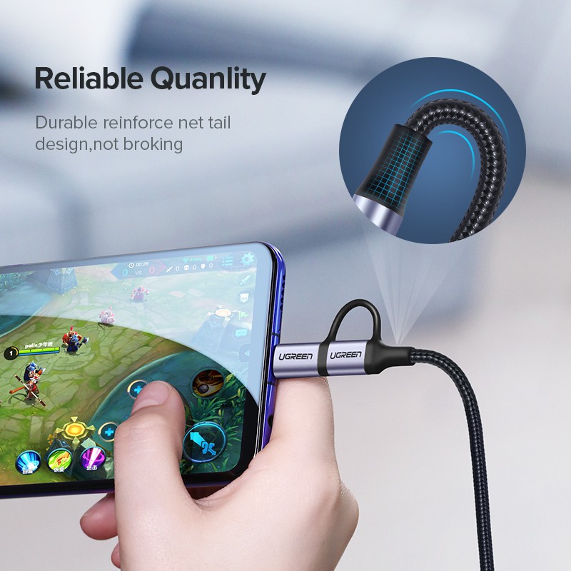 【Stok Produk di Indonesia】Ugreen 2in1 Kabel Data / Charger Micro USB Tipe-C Fast Charging Panjang 1m Untuk Samsung Galaxy S10 / S9