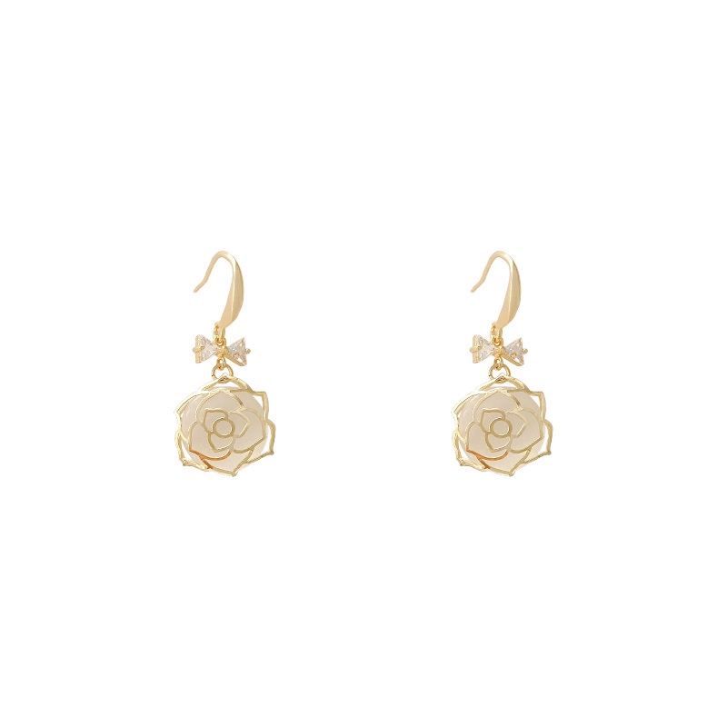 Anting Tusuk Gantung Bahan Sterling Silver 925 Desain Bunga Mawar Hollow Gaya Koreaelegan Untuk Wanita