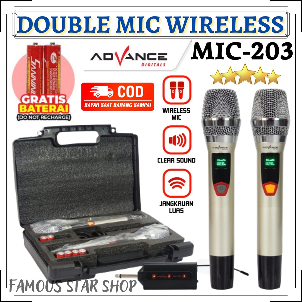 Advance MIC-203 Profesional 2 Mic Wireless Microphone Karoke Mic Duet - Mic Double Karaoke ADVANCE 203 Microphone Wireless Profesional | FMS