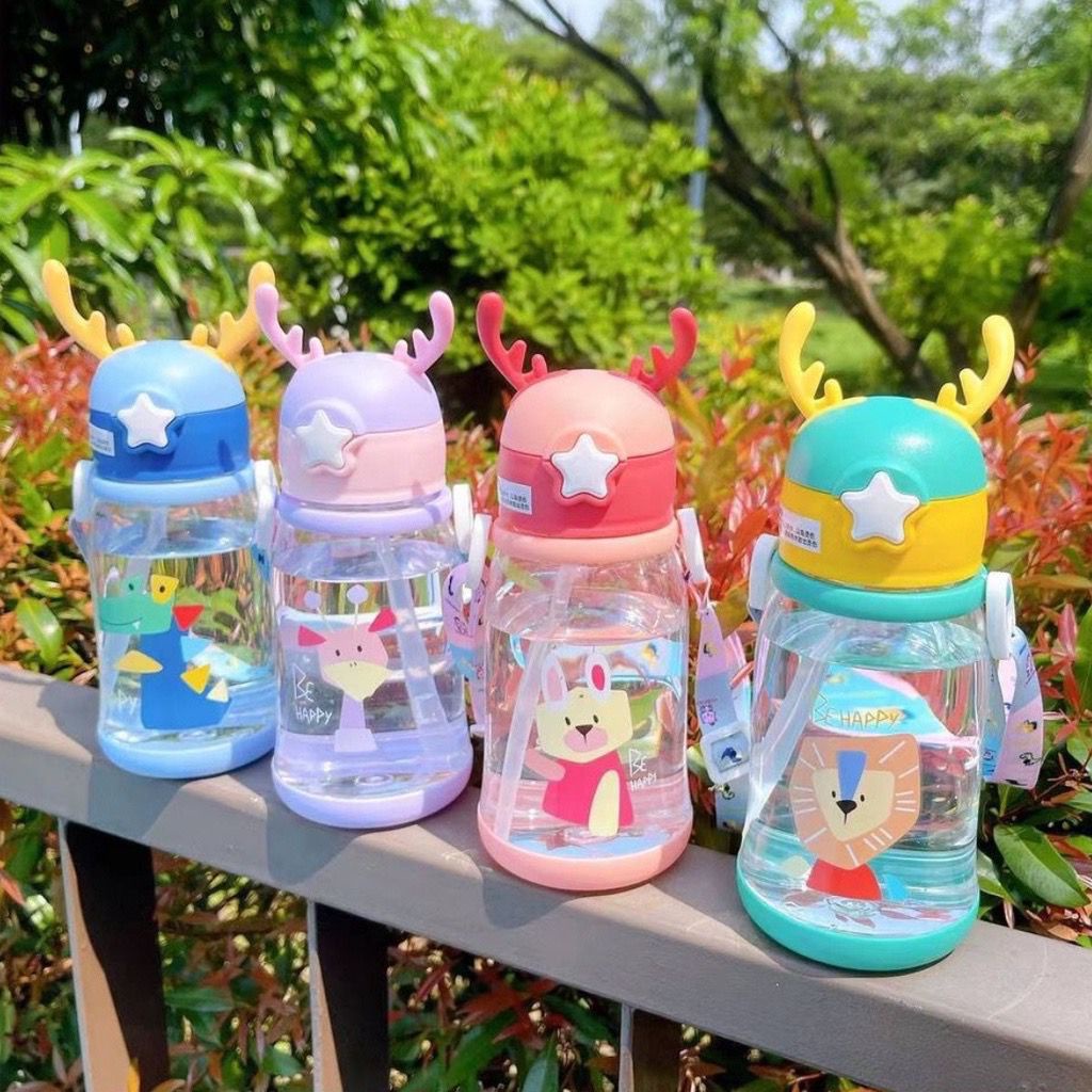 [JINGO] Botol Minum Tanduk Rusa Tali Sedotan/ Botol Minum Anak Lucu 600 ML Anti Tumpah Anti Pecah BPA FREE