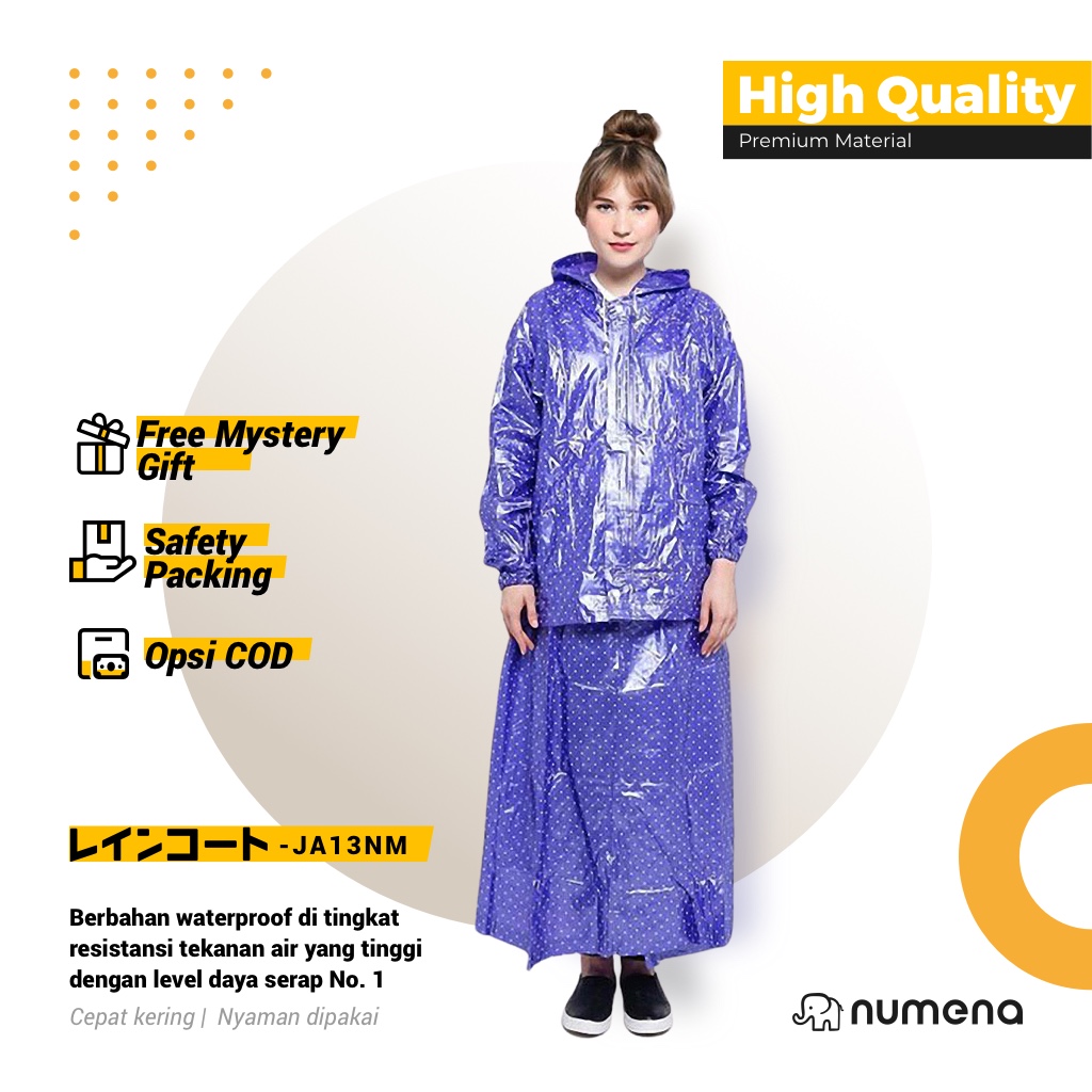 Jas Hujan Rok Setelan Wanita Muslimah Hijab Polkadot Waterproof/Jaket Mantel Outdoor/Raincoat JA13NM